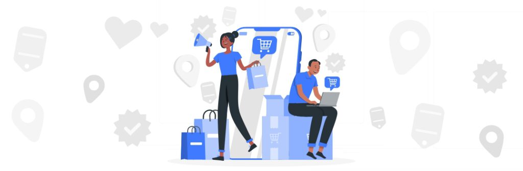Ilustração mostra pessoas comprando online