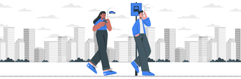 arte ilustrativa mostra uma pessoa ao lado de uma placa de taxi enquanto a pessoa ao lado pede um Uber pelo WhatsApp