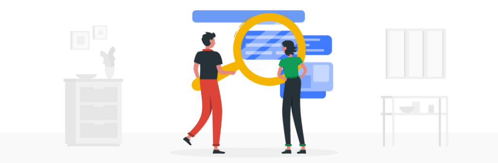 ilustração com vetores de pessoas segurando lupa em uma pagina da internet core update de semtembro do google