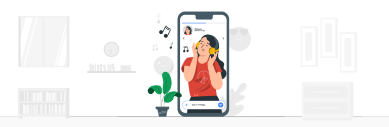 Tela de um celular mostrando mulher ouvindo música, como um storie