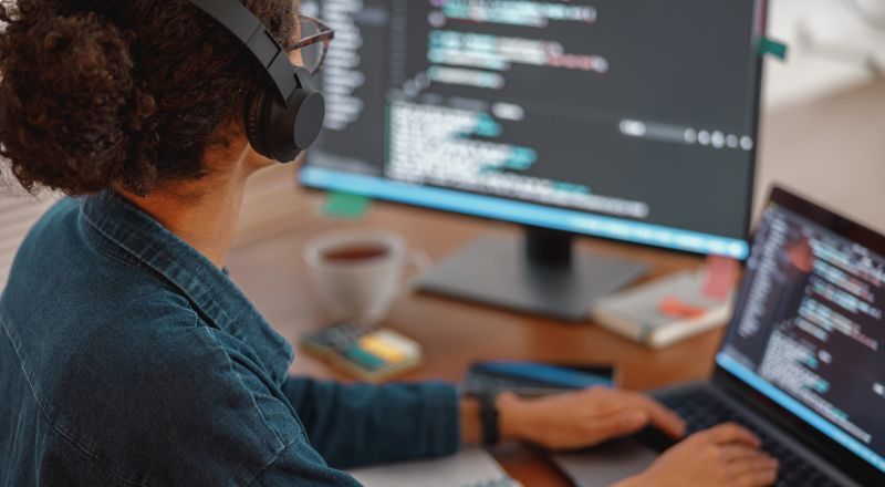 Mulher usando fones de ouvidos estilo "head phone", trabalhando em dois computadores que mostrando códigos de programação nas telas. 