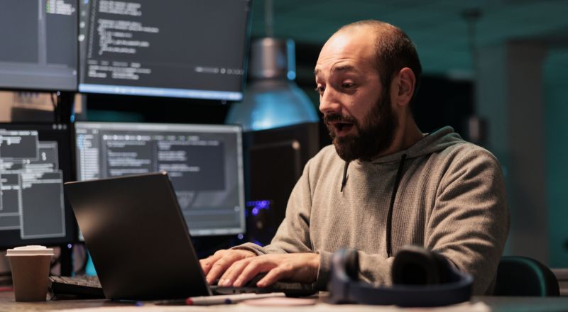 Homem carece, de barba, usando moletom, mexendo em um notebook, com um cara de surpresa de boca aberta. 