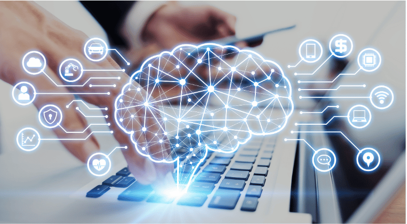 Inteligência artificial: descubra como ela está revolucionando o mundo Cérebro translúcido acima de um notebook.