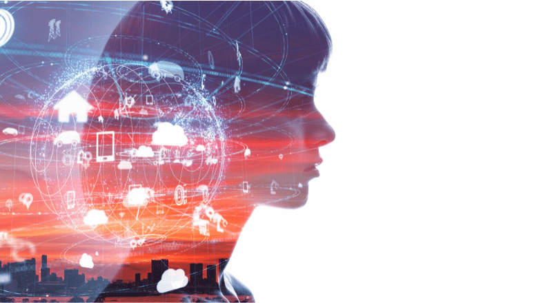 Inteligência artificial: descubra como ela está revolucionando o mundo Mulher com tecnologia sobreposta ao rosto.